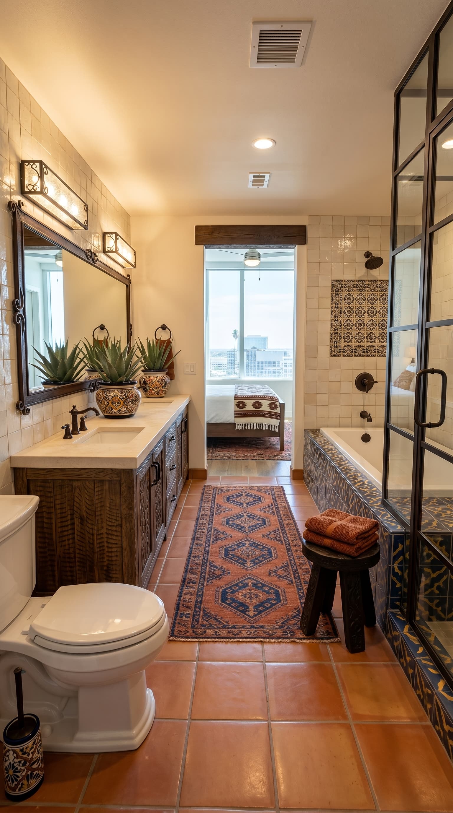 Elegant Mediterranean-style bathroom featuring terracotta floors, handcrafted tile details, rustic wood vanity, and warm natural lighting